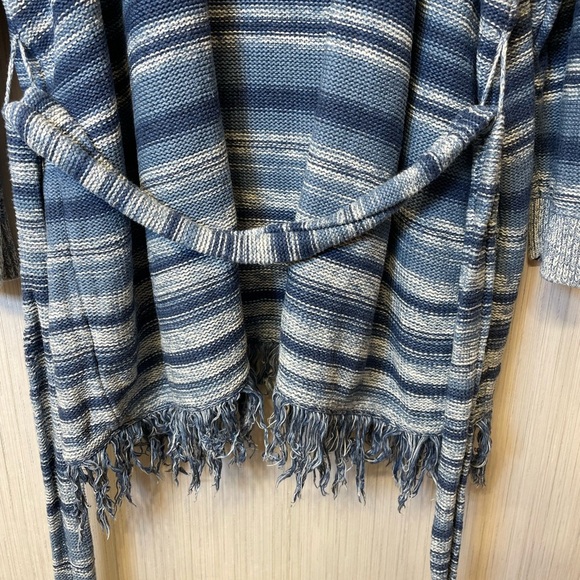Lauren Ralph Lauren Belted Fringe Cardigan 2X | Blue Striped Linen Cotton blend - Picture 3 of 6